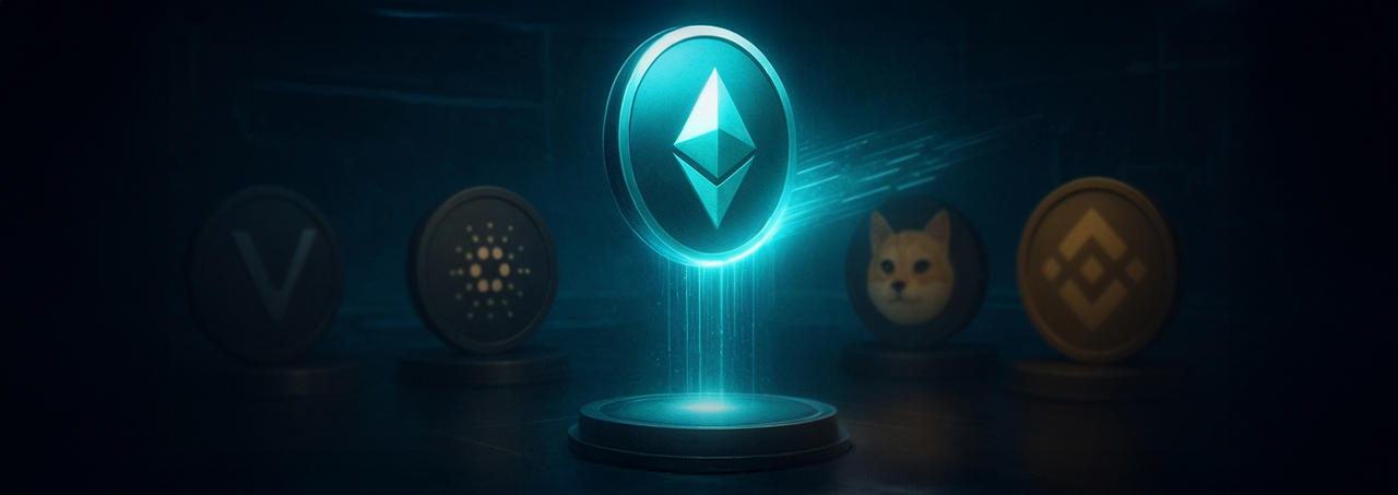 Concept image showing cryptocurrency symbols in a digital environment